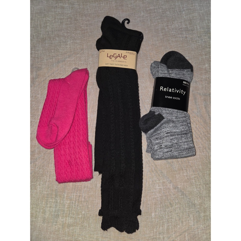 Womens Knee High Socks Bundle 4 Pair Legale Relativity Black Gray Pink Cable